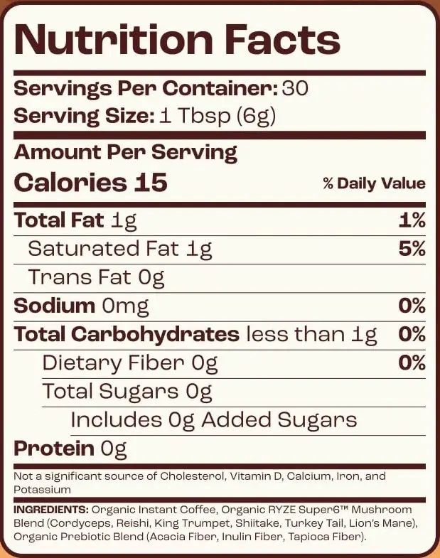 RYZE Mushroom Coffee Supplement Facts